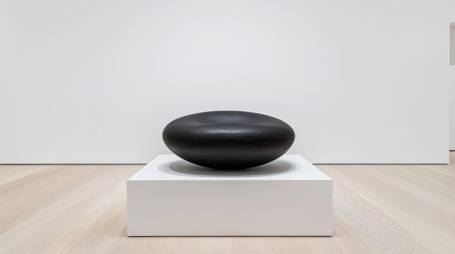 A black sphere sits on a white pedestal in a minimalist art gallery.