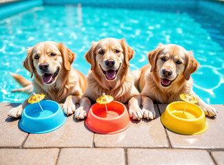 Three goldens relaxing at the pool dog bar - three dog bowl with water and cocktail umbrellas are on the pool deck