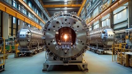 Obraz premium Advanced industrial machinery in a large manufacturing facility showcasing intricate engineering and cutting-edge technology processes