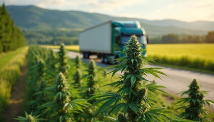 Thriving marijuana plants grow on roadside, truck drives by. Cannabis cultivation in countryside with blurred hills background. Hemp field against rural landscape. Ganja plantation, delivery by