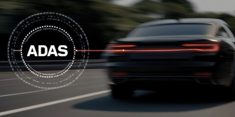 Modern vehicle driving on highway showcasing ADAS technology concept urban environment dynamic