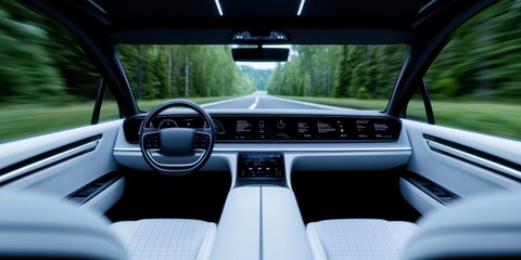Futuristic car interior concept showcasing advanced driver assistance systems modern road 3d visualization serene environment wide angle