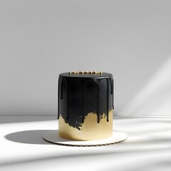 Single black and gold cake object prominently placed against a pure white background
