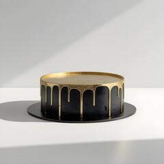 Single black and gold cake object prominently placed against a pure white background