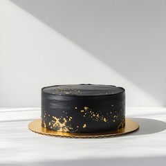 Single black and gold cake object prominently placed against a pure white background