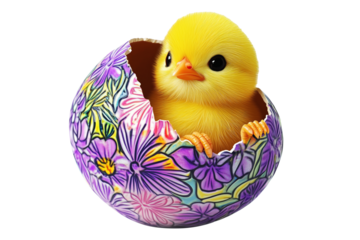 Adorable cute yellow chick emerging from cracked colorful floral eggshell isolated on white transparent background. Symbolizing Easter, spring, and new beginnings