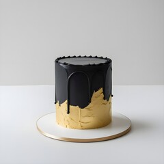 Single black and gold cake object prominently placed against a pure white background