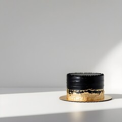 Single black and gold cake object prominently placed against a pure white background