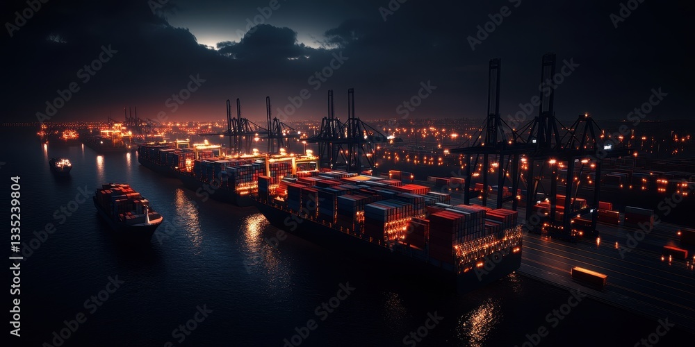 Poster dynamic night scene at a busy international shipping port with cranes loading cargo conceptualizing 