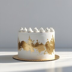 Single white and gold cake object prominently placed against a pure white background