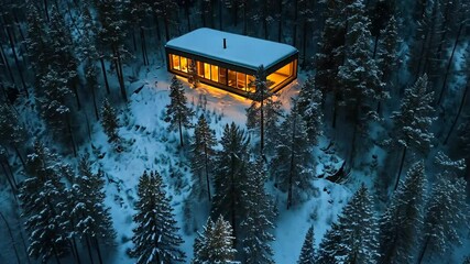 Cozy modern cabin surrounded by snow-covered trees in a winter forest at twilight