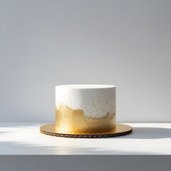 Single white and gold cake object prominently placed against a pure white background