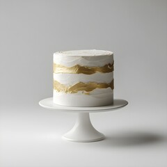 Single white and gold cake object prominently placed against a pure white background