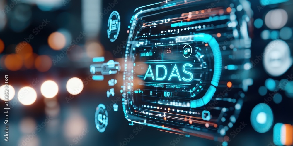 Poster automotive dashboard displaying adas concepts digital environment high-tech visualization urban sett