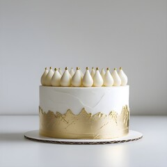 Single white and gold cake object prominently placed against a pure white background
