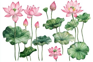 Watercolor Pink Lotus Flowers Botanical Illustration Green Leaves Floral Design Elegant Nature Art Beautiful Blossom Summer Plants Peaceful Serenity  