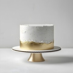 Single white and gold cake object prominently placed against a pure white background