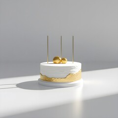 Single white and gold cake object prominently placed against a pure white background
