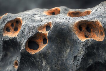Dark Gray Rock Surface with Orange Eroded Holes Closeup