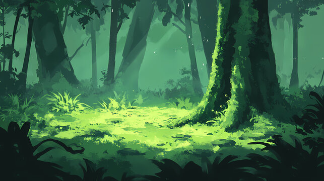 Lush green seta moss densely covers ancient tree trunks and forest floor, casting dappled shadows in misty, serene, and mystical temperate rainforest environments. Ancient Spores. Illustration