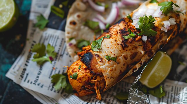 Juicy spicy chicken kathi roll wrapped in a paratha garnished with onions coriander and squeezed lime placed on a traditional Indian newspaper