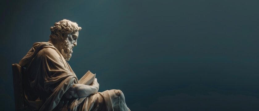 A classic marble statue of a philosopher immersed in thought, holding an open book, illuminated dramatically against a dark background.
