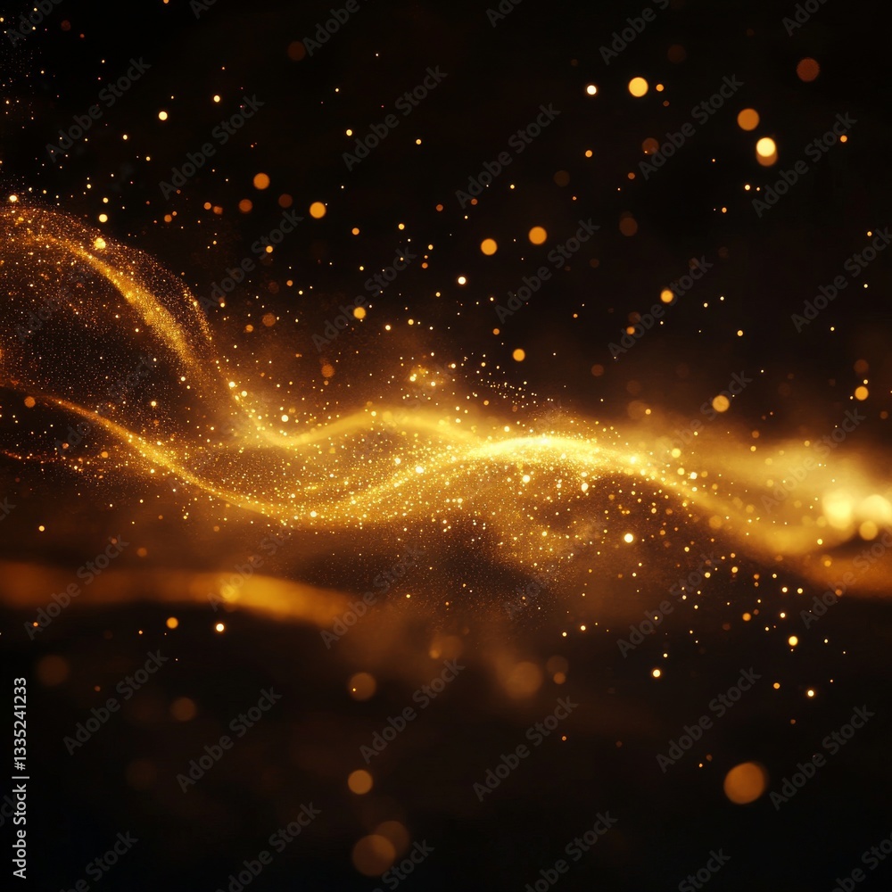 Poster Golden Cascade: Abstract Glittering Stream of Light on Dark Background with Sparkling Dust Particles