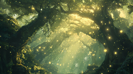 Soft light filters through a canopy of ancient trees the air thick with glowing floating spores. Ancient Spores. Illustration