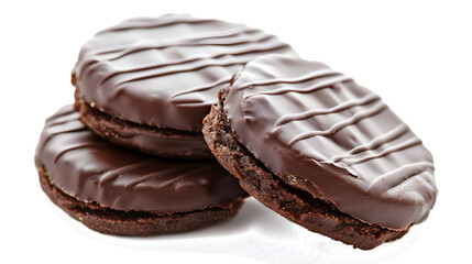 Three chocolate cookies stacked on top of each other. The cookies are covered in chocolate and look delicious