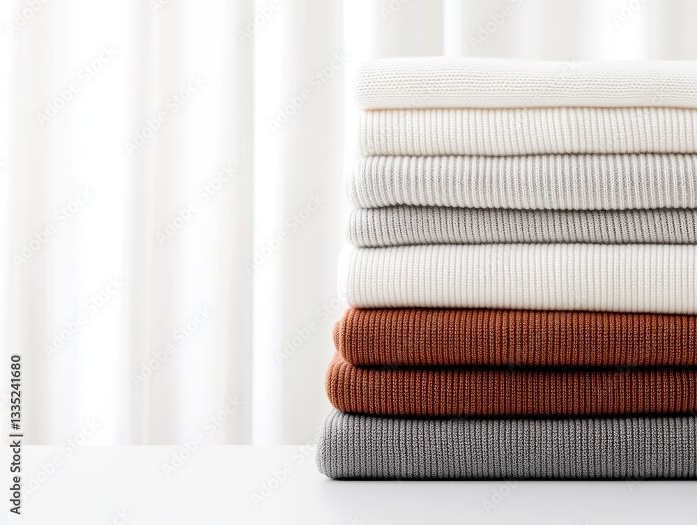 Poster neatly stacked textured fabrics in neutral tones against a soft curtain background