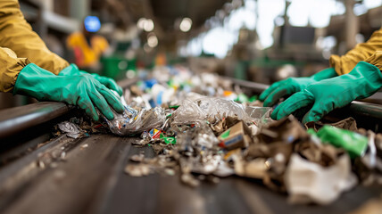 Workers Sorting Recyclables on Conveyor Belt
