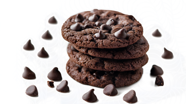 A stack of chocolate chip cookies with chocolate chips scattered around them. The cookies are piled on top of each other, creating a delicious and tempting treat