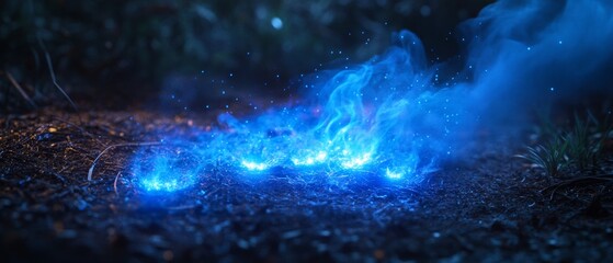 Blue Flames Burning on Forest Floor