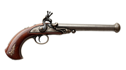 Ornate antique flintlock pistol, pirate gun weapon isolated on a white background, cutout file. Ideal for historical designs, vintage themes, and digital art.