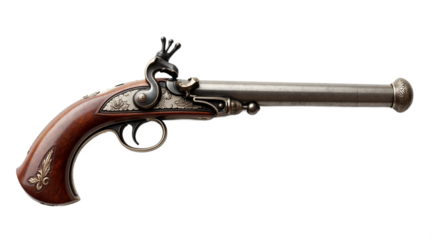 Ornate antique flintlock pistol, pirate gun weapon isolated on a white background, cutout file. Ideal for historical designs, vintage themes, and digital art.