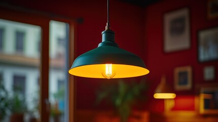 Stylish teal pendant lamp in a cozy cafe