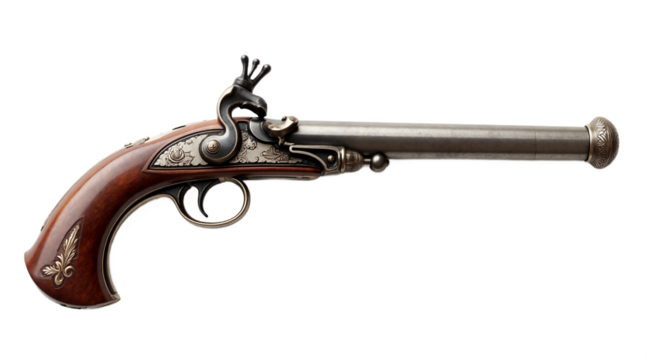 Ornate antique flintlock pistol, pirate gun weapon isolated on a white background, cutout file. Ideal for historical designs, vintage themes, and digital art.