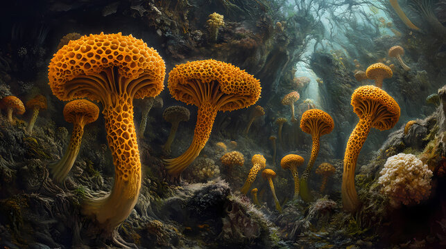 Witness the inaugural archaeopteris trees thriving amidst a vibrant prehistoric ecosystem, showcasing a remarkable glimpse into earth's ancient flora. Ancient Spores. Illustration