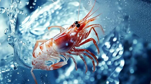 Colorful shrimp swimming through bubbles in a serene underwater environment