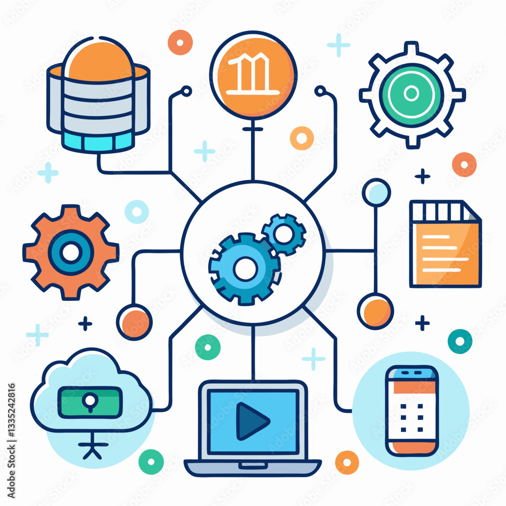 Poster data storage and cloud computing icons with laptop and gears