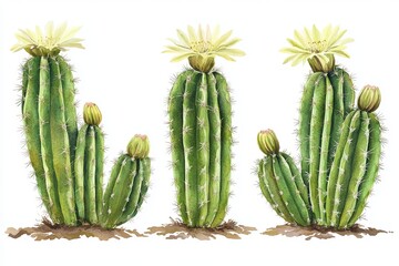 Watercolor Painting Green Cactus Plants Desert Botanical Illustration Floral Nature Backgrounds Summer Vivid Colors Exotic Flora Succulent Flowers    
