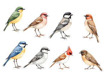 Fototapeta premium Collection set of watercolor bird illustrations, diverse avian species with detailed feathers and natural poses on white background, high-resolution artistic nature artwork