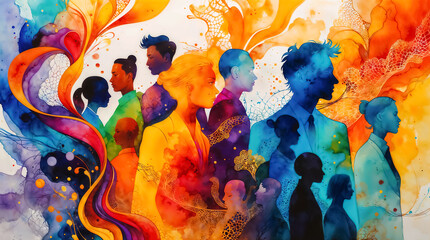 Diverse business people in colorful abstract textured watercolor illustration