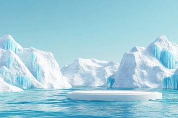 Icy, pristine, arctic scene with a white podium