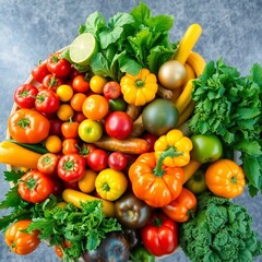 A vibrant still life of fresh vegetables and fruits arranged on a rustic wooden table, showcasing rich colors, textures, and natural beauty.
