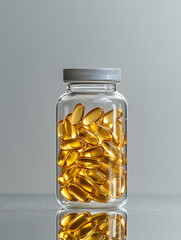 A clear plastic jar filled with omega-3 fish oil capsules, placed on a clean background