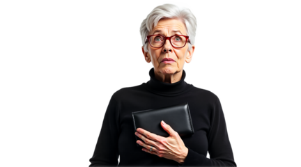 Worried elderly woman with empty wallet, shocked expression. Isolated on transparent background. Financial concern, senior anxiety, vulnerability portrait. Use for aging, retirement themes.