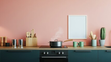 A minimalist kitchen with soft coral pink walls and dark teal cabinets