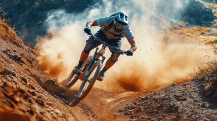 Naklejka premium Mountain biker hurtling down a challenging terrain with dust and speed