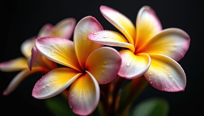 Fototapeta premium Stunning plumeria frangipani flowers with water drops on petals against dark black background. Exotic blossom with yellow, pink, white gradient. Summer floral bloom wallpaper for spa, home decor.